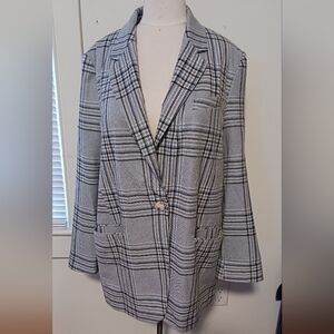 Primark Womans US 10 Striped Checker Dress Blazer Coat W/ Pockets Collard